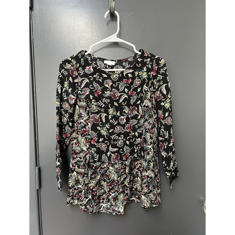 J Jill Womens Size XSP Black Floral Blouse Long Sleeve